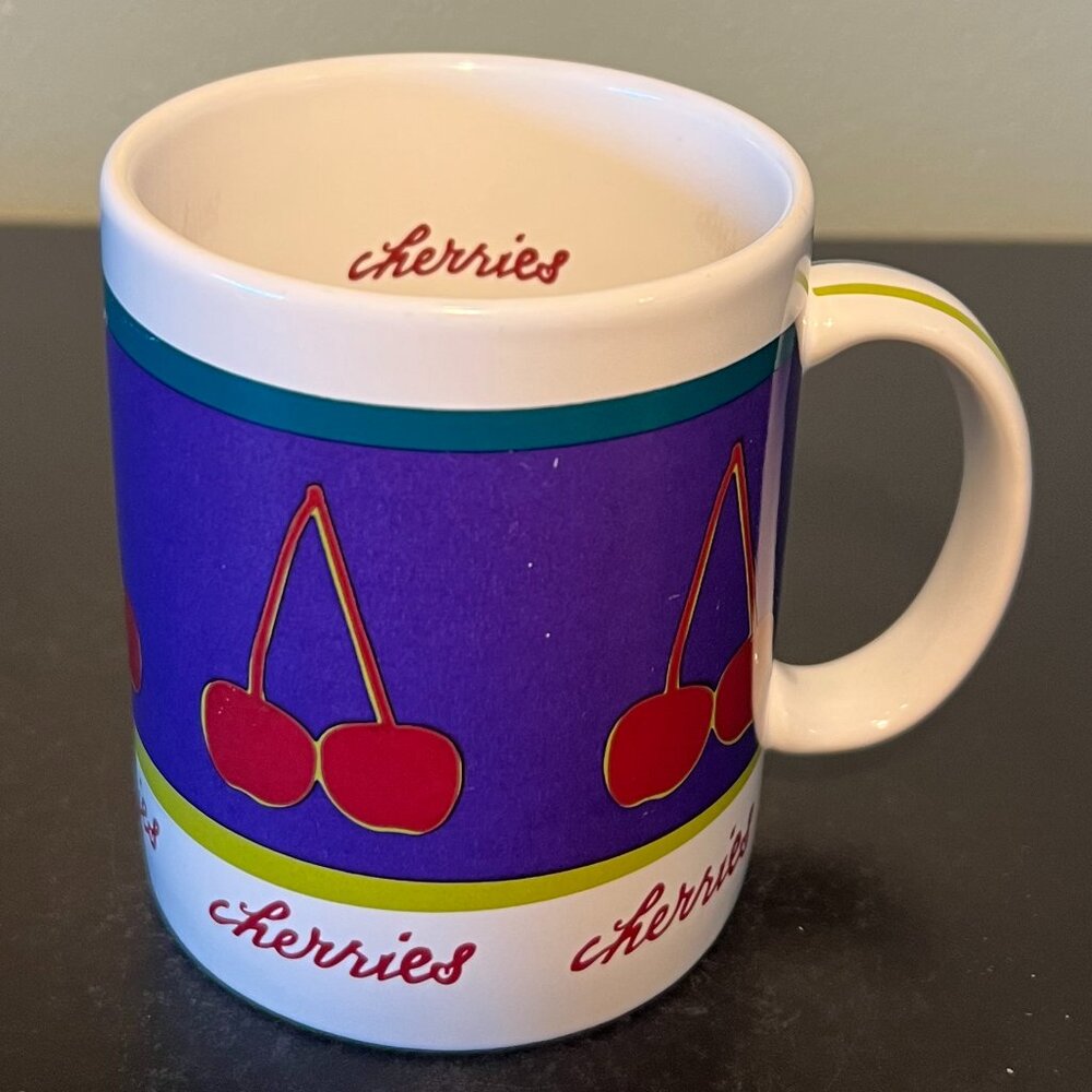 Vintage Tag CHERRIES Red Purple White Green Ceramic Coffee Tea Mug 12oz 1994